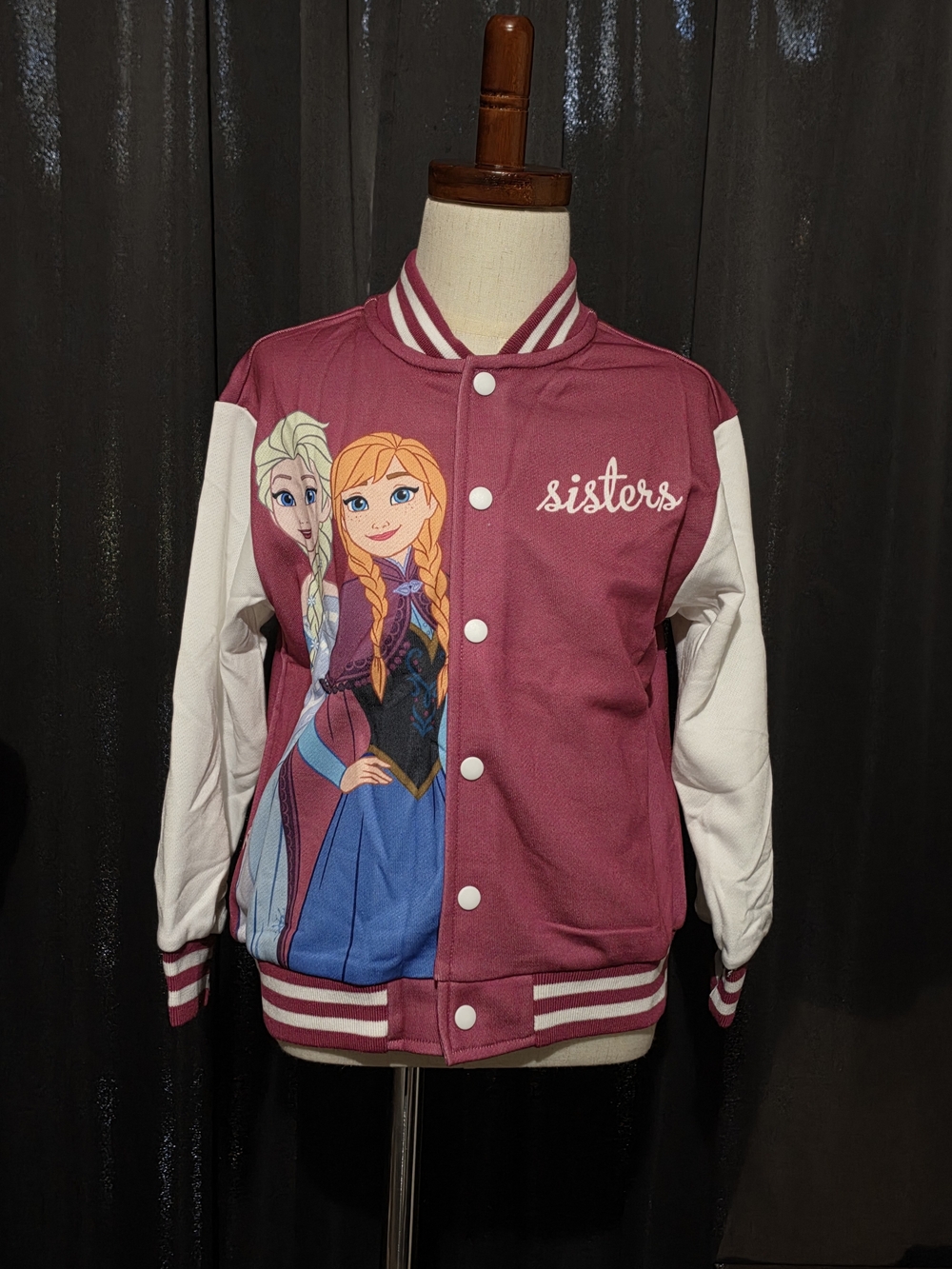 Disney Maroon and White 'Sisters' Varsity Jacket with Anna & Elsa Print